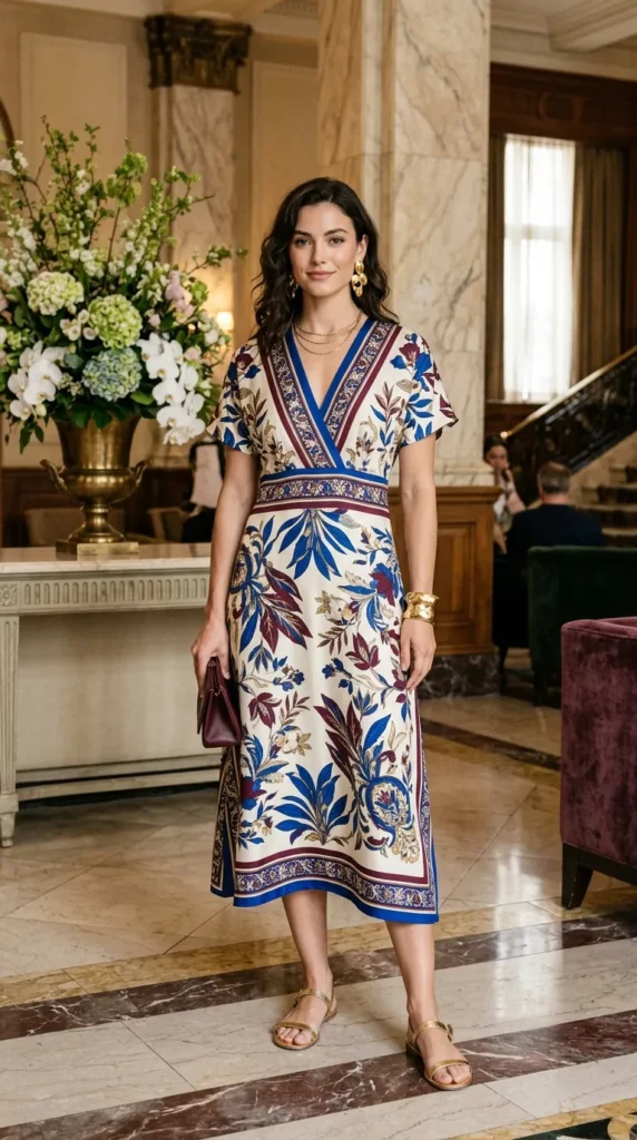 Woman in silk scarf-print dress with gold jewellery facing camera, opulent old money spring look