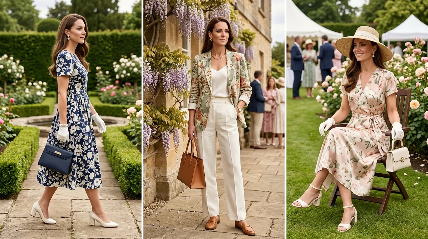 Woman in ivory floral silk blouse with camel trousers in country house drawing room, old money quiet luxury spring look