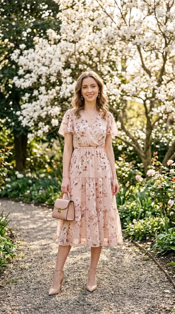 Petite woman in monochrome blush floral midi dress with nude pointed heels, elongating spring look petite spring floral outfits