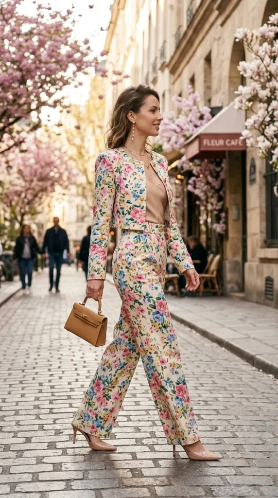 Petite woman in floral cropped jacket with high-waist floral trousers side view, sophisticated elongating spring look