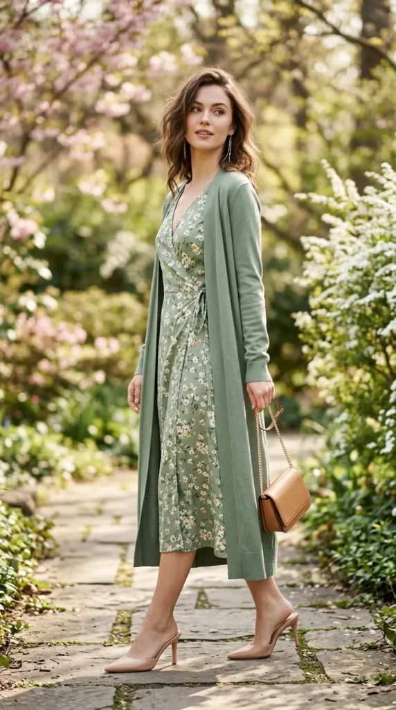 Petite woman in floral wrap midi with open longline cardigan over shoulder view, vertically framed spring look