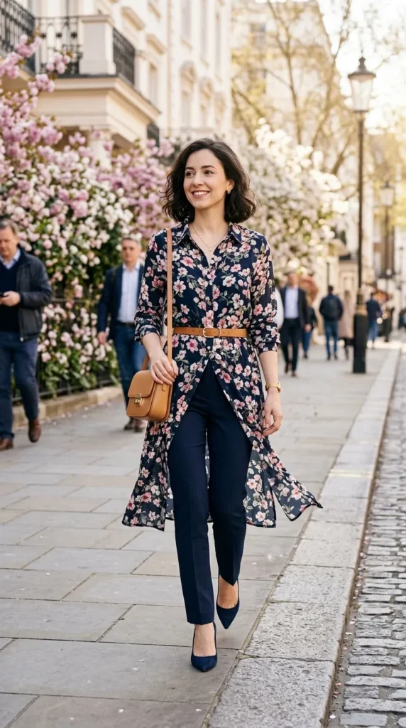 Petite woman walking in floral shirt dress tunic over slim trousers, clever elongating spring look