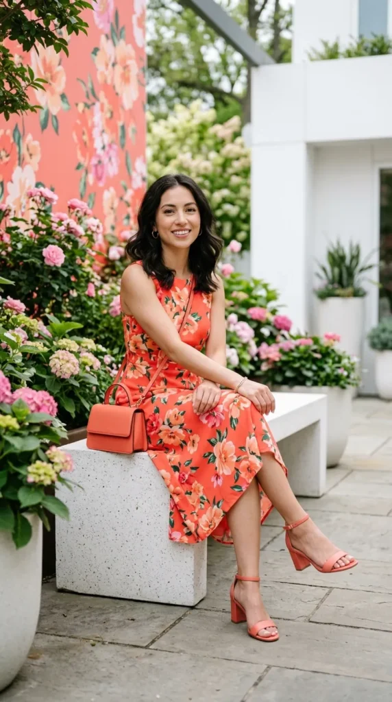 Petite woman in bold tonal coral floral dress with matching coral heels seated, dramatic height-adding spring look