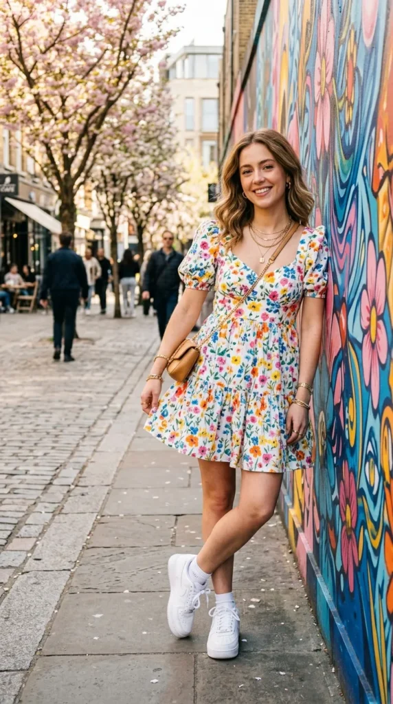 Petite woman in floral mini dress with white sneakers and layered necklaces leaning, casual chic spring look