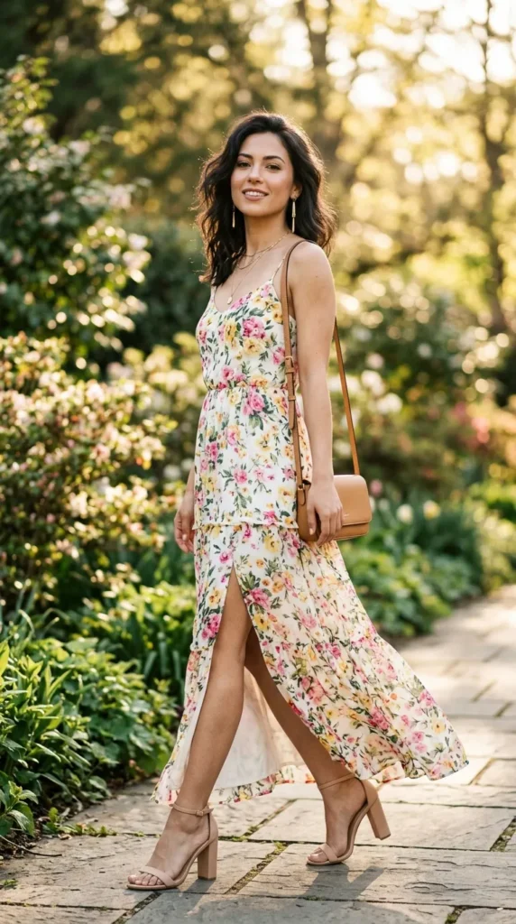 Petite woman in floral maxi dress with high slit and nude heels 3/4 view, dramatic height-adding spring look
