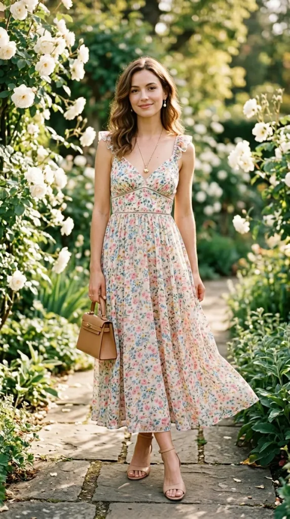 Petite woman in floral empire waist midi dress with nude kitten heels facing camera, elegantly proportioned spring look