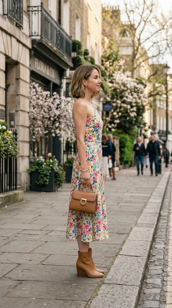 Petite woman in one-shoulder floral midi with wedge boots side view, asymmetric fashion-forward spring look
