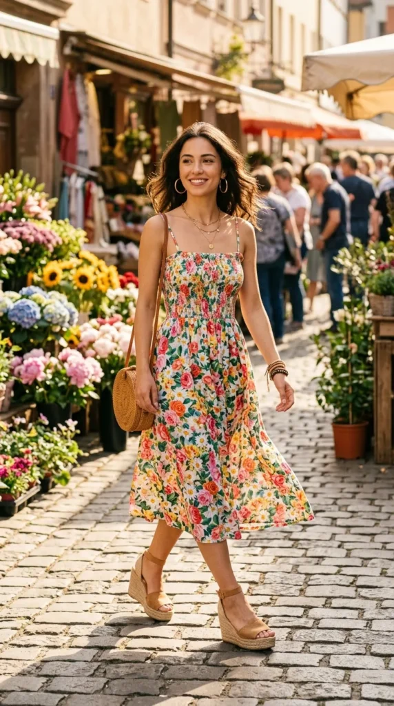 Petite woman walking in floral sundress with espadrille wedges, effortless height-adding spring casual look