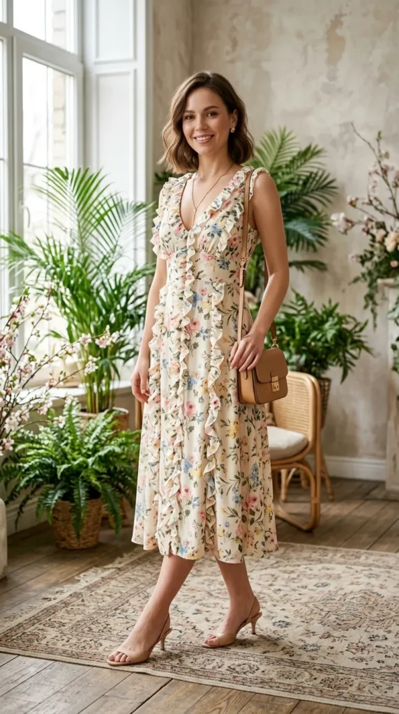 Petite woman in floral midi with vertical ruffles and kitten heels 3/4 view, cleverly elongating spring look