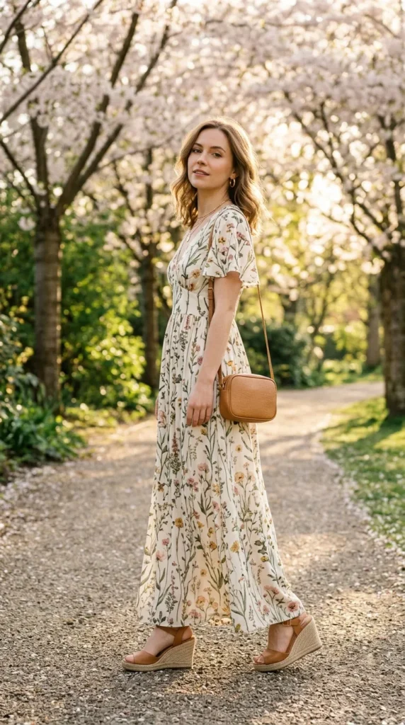 Petite woman in vertical floral print maxi dress with wedge sandals over shoulder view, elongating spring look