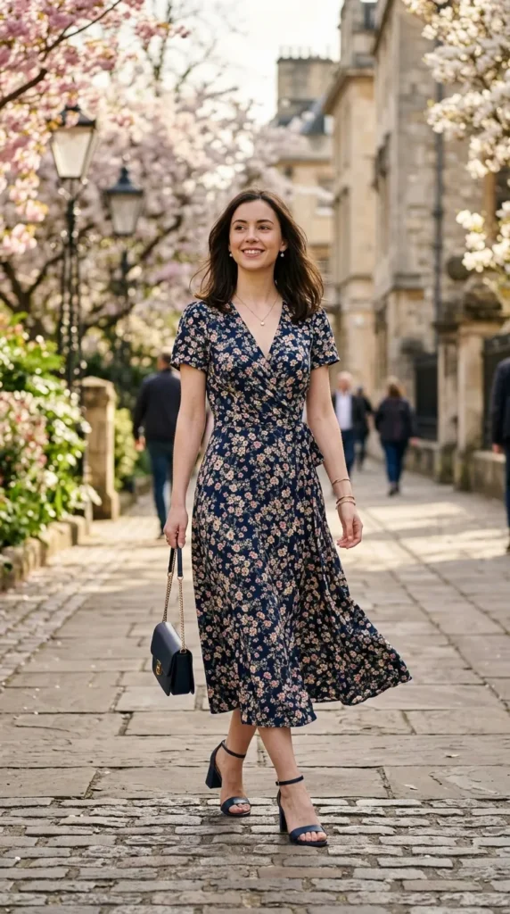 Petite woman walking in navy floral wrap dress with matching heels, elongating monochromatic spring look