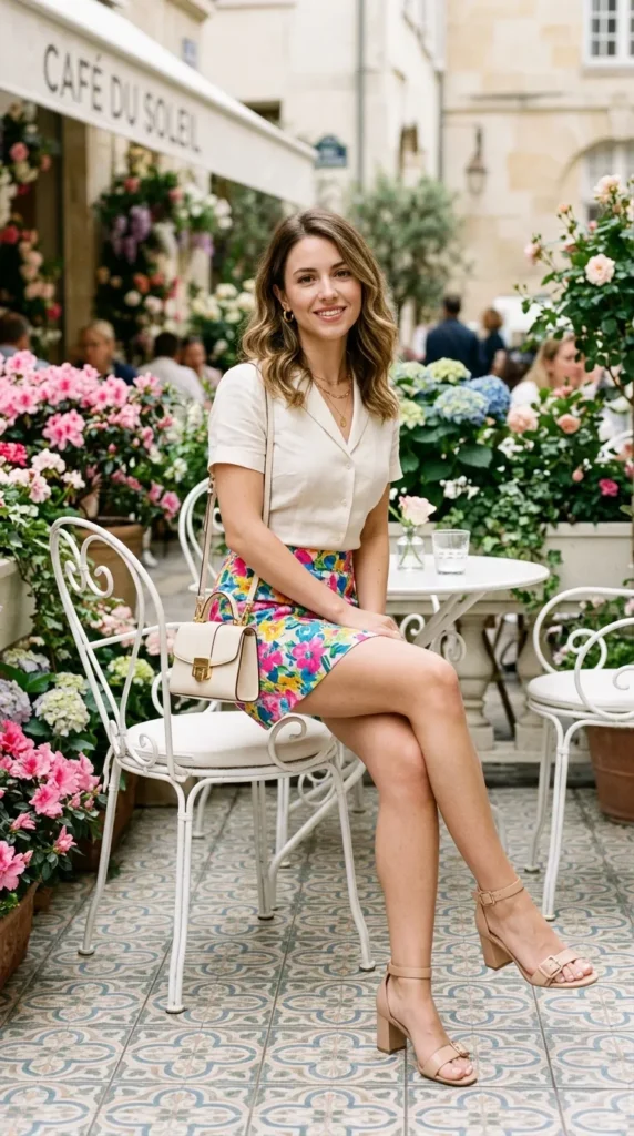 Petite woman seated in floral mini skirt with tucked blouse and block heels, chic elongating spring look
