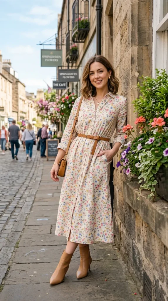 Petite woman in high-belted floral shirt dress with ankle boots leaning on wall, elongating spring look