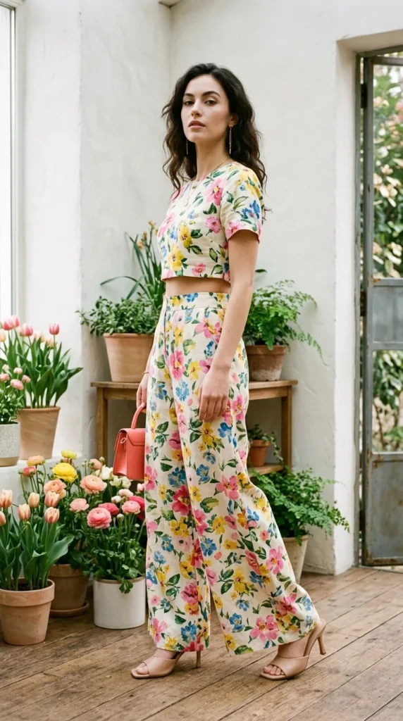 Petite woman in matching floral co-ord cropped top and wide-leg trousers 3/4 view, elongating spring look