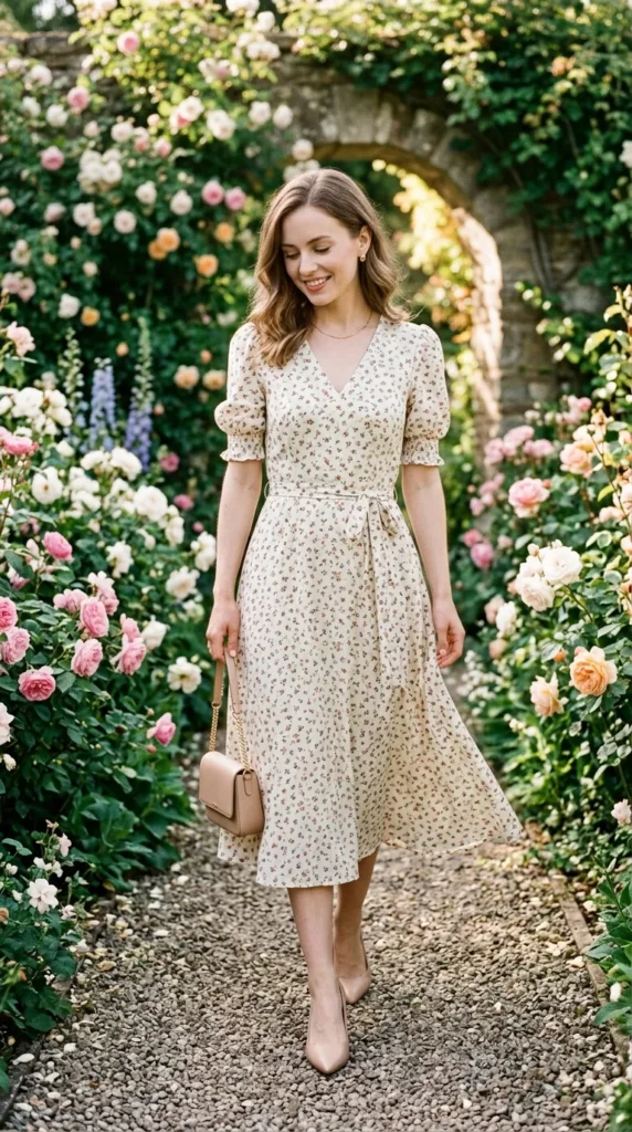 Petite woman in ditsy floral tea dress with nude pointed court shoes candid moment, refined spring look