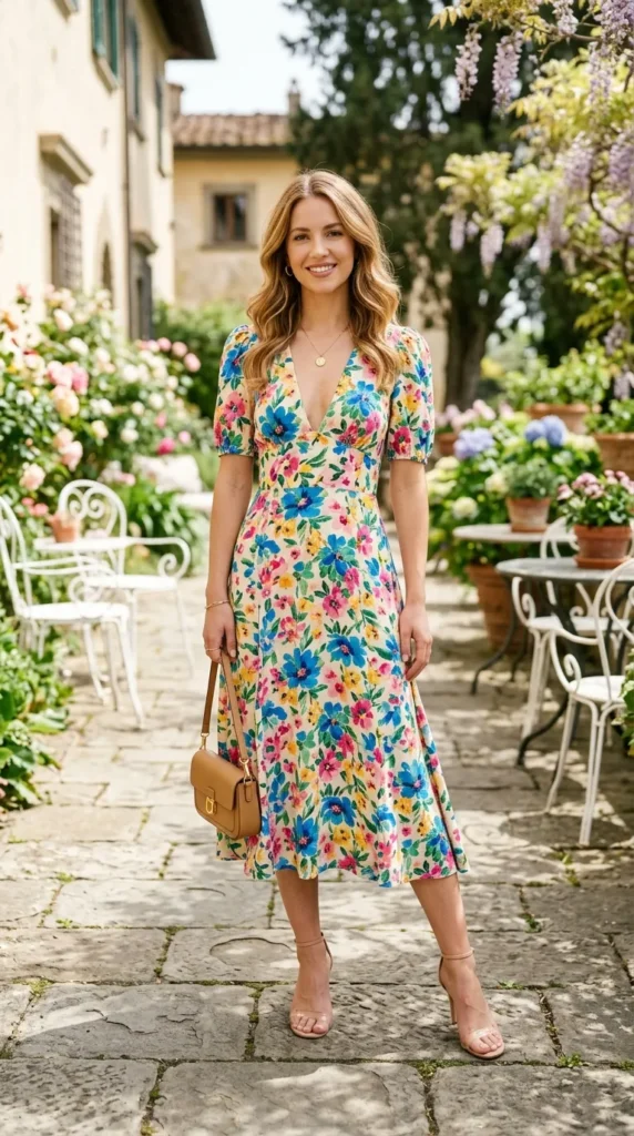 Petite woman in floral V-neck midi dress with barely-there nude heels facing camera, powerfully elongating spring look