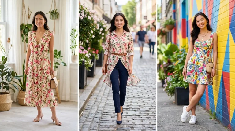 Petite woman in monochrome blush floral midi dress with nude heels, spring look that makes her look taller
