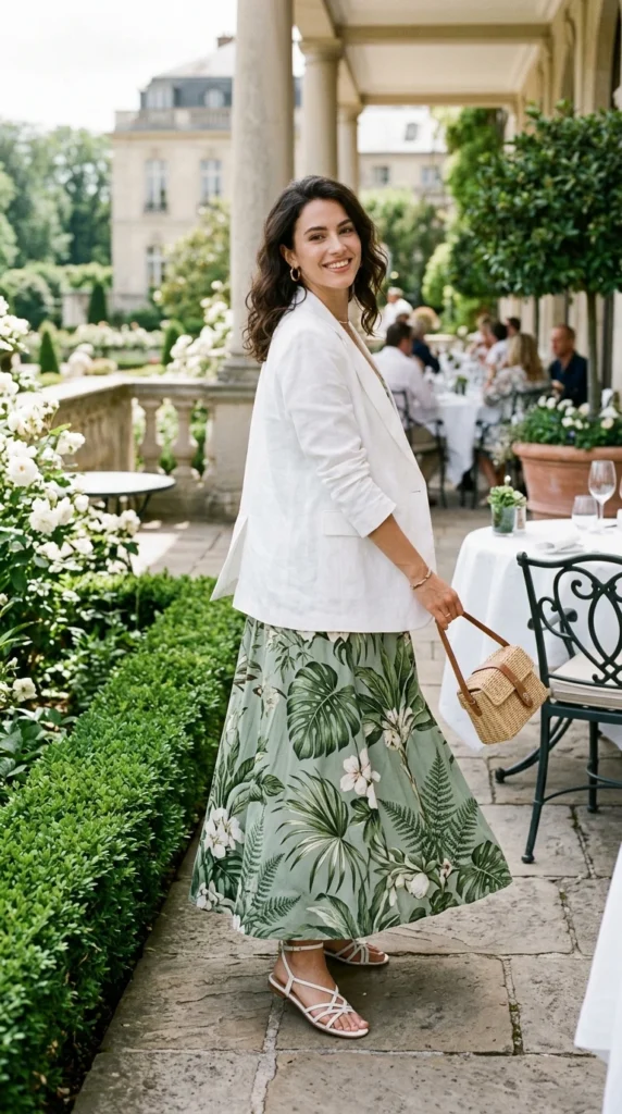 Woman wearing sage green botanical maxi with white linen blazer, effortless spring floral maxi dress outfit idea from day to night