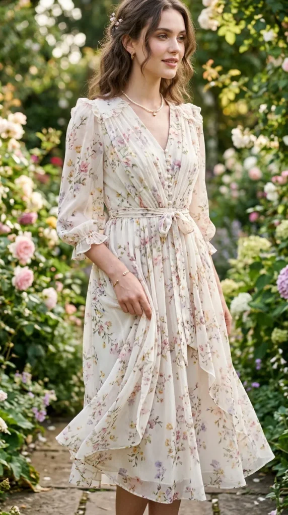  Close up of spring floral chiffon dress fabric showing delicate floral pattern for garden party