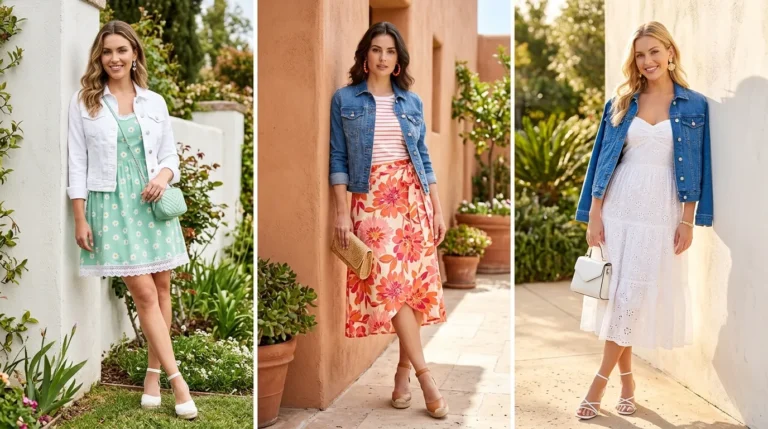 Woman in white floral midi dress with denim jacket for spring layering, garden setting