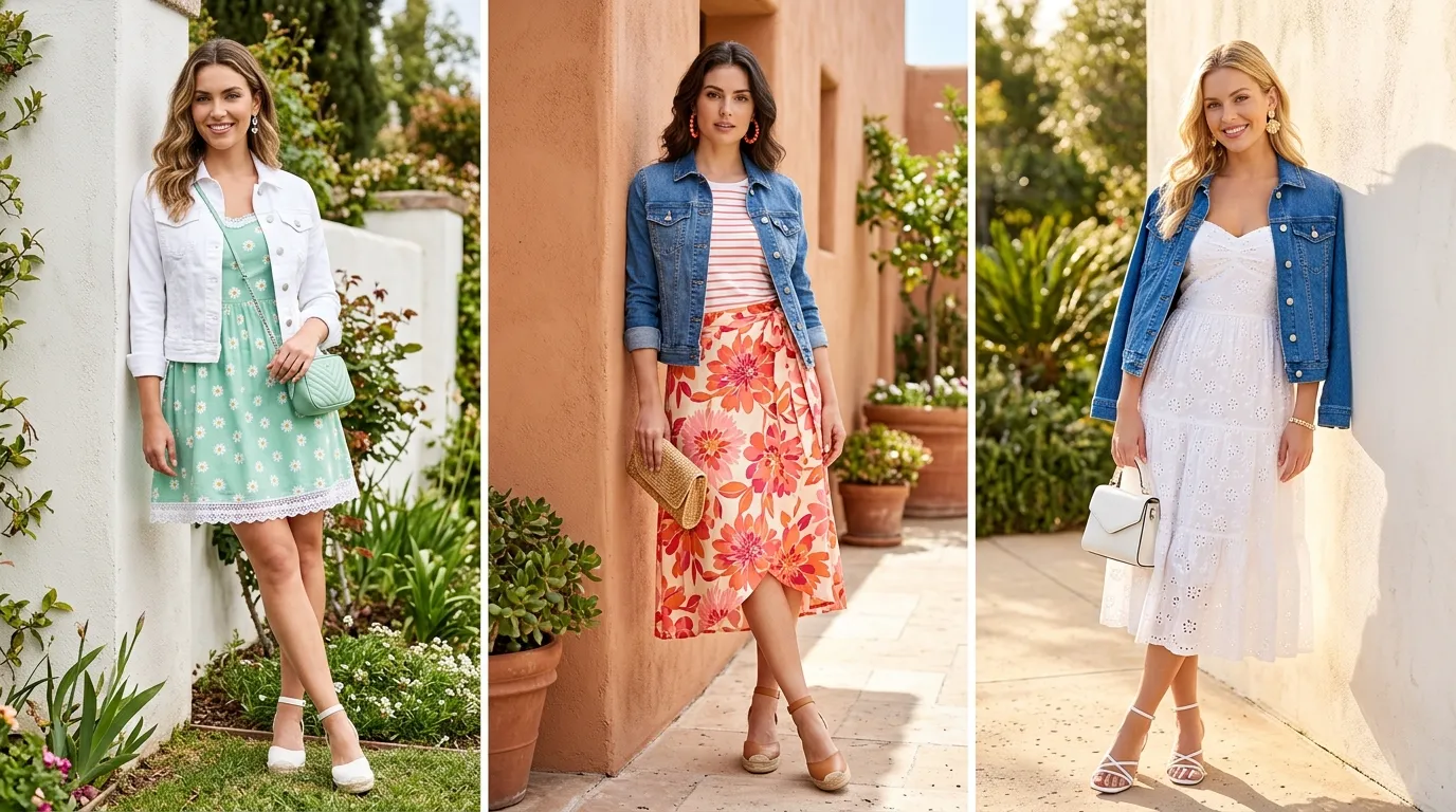 Woman in white floral midi dress with denim jacket for spring layering, garden setting