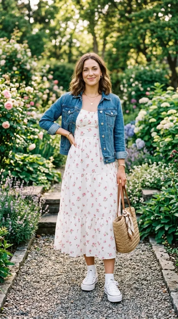 Woman in white floral midi dress with medium-wash denim jacket and platform sneakers for spring