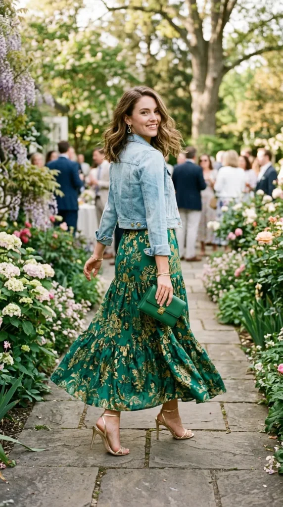 Woman in emerald floral maxi dress with cropped ice-blue denim jacket, over-shoulder spring look