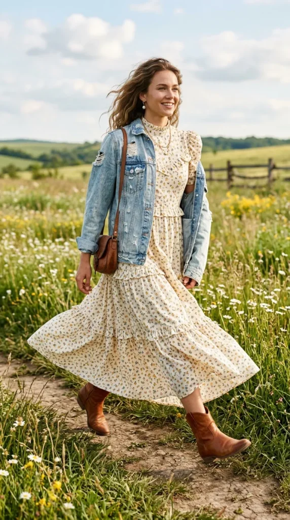Woman in ditsy floral prairie dress with distressed denim jacket, walking pose in spring field