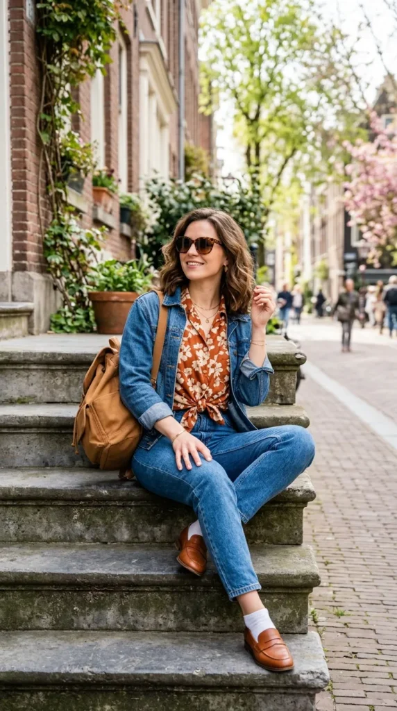 Woman in rust floral button-down with mom jeans and denim jacket, sitting casually in spring
