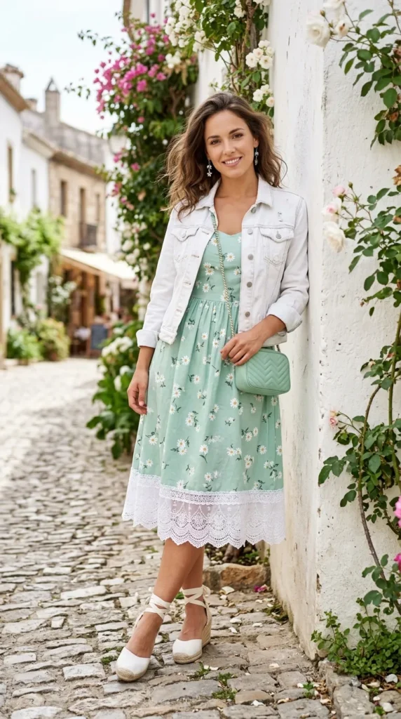 Woman in mint floral sundress with white denim jacket leaning against wall, spring look