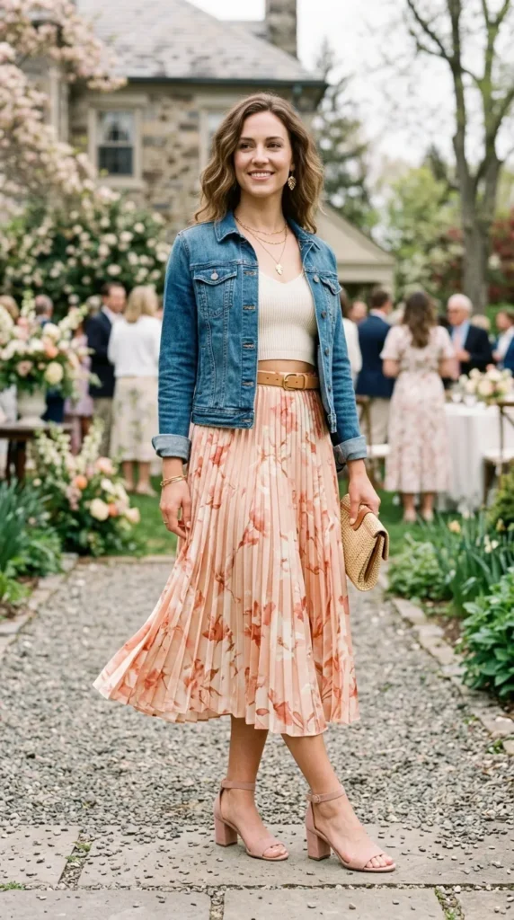 Woman in peach floral pleated satin skirt with cropped knit and belted denim jacket, 3/4 spring pose