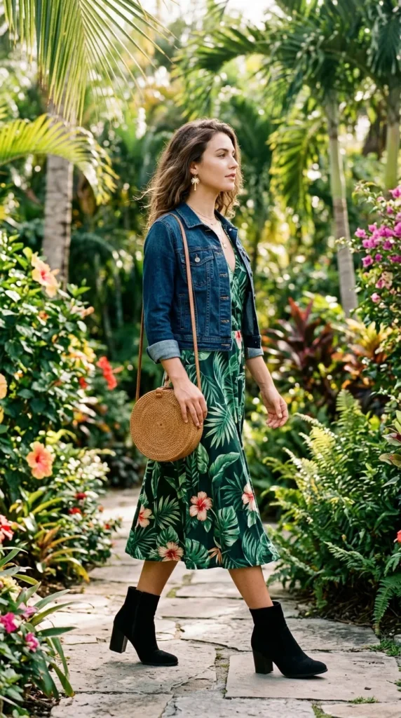 Woman in tropical print halter dress with dark denim jacket and ankle boots, side view spring