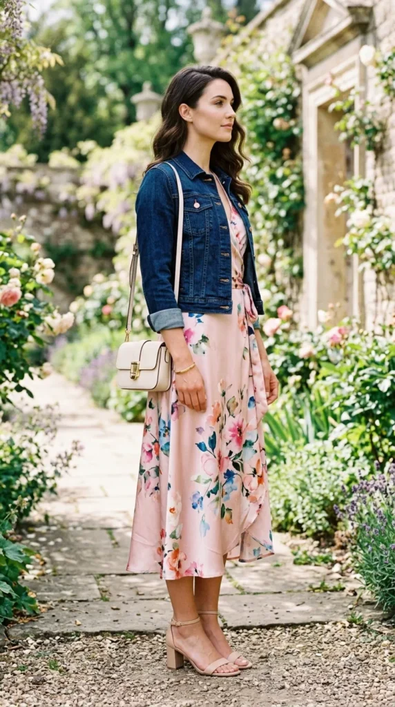 Woman in blush floral wrap dress with dark indigo denim jacket, side profile spring look