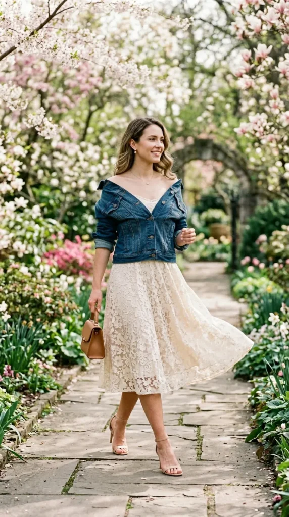 Woman in cream floral lace midi dress with dark denim jacket, walking in spring garden