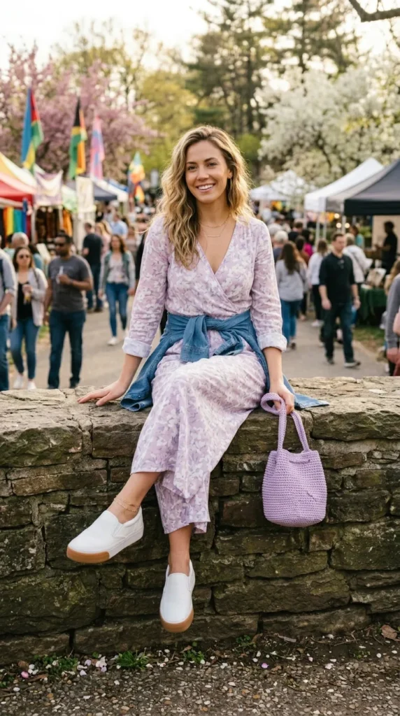 Woman in pastel floral romper with denim shirt tied at waist, sitting at spring festival