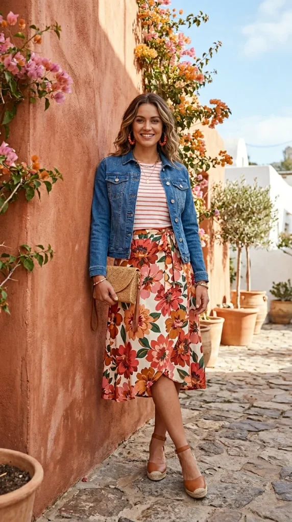 Woman in coral dahlia wrap skirt with striped tee and denim jacket leaning against terracotta wall