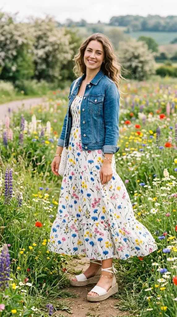 Woman in white wildflower maxi dress with cropped denim jacket and espadrilles, 3/4 spring pose