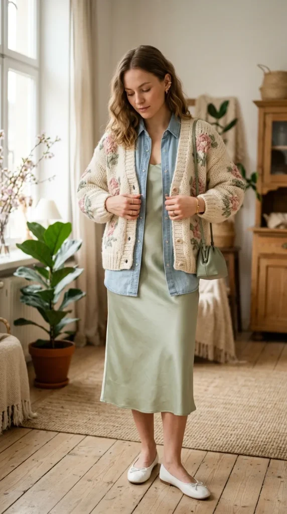 Woman in floral knit cardigan over sage slip dress with chambray denim, candid spring layering look