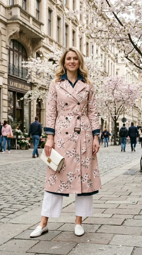 Woman in cherry blossom trench dress with dark denim under-layer, confident spring editorial look