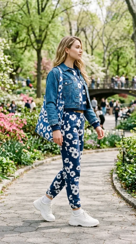 Woman in blue floral jogger set with cropped denim jacket, side profile spring athleisure look