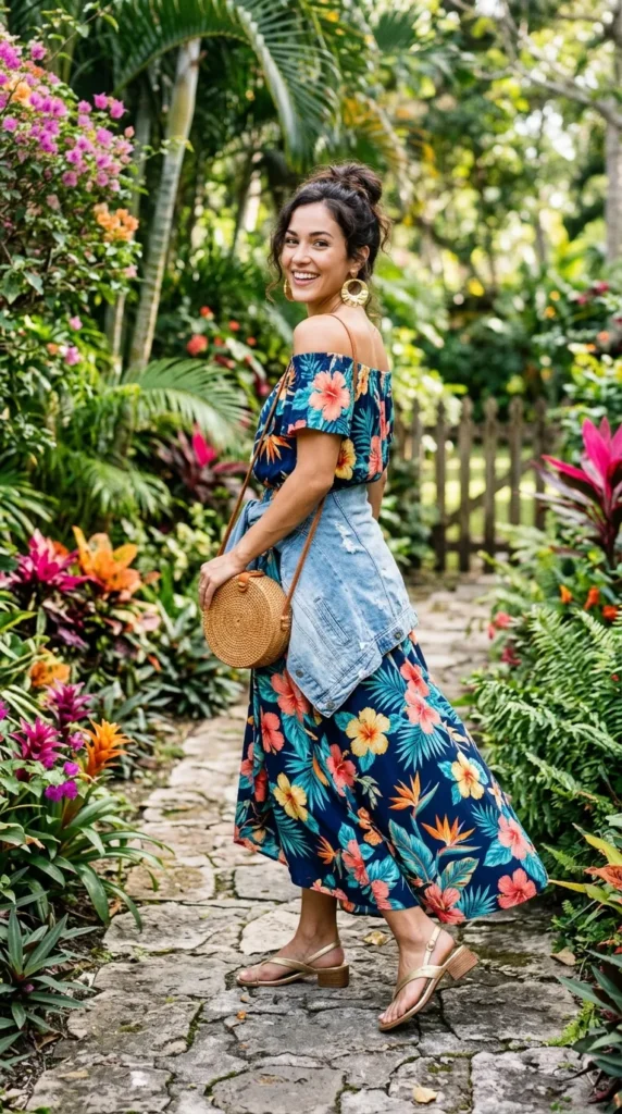 Woman in tropical floral off-shoulder maxi with denim tied at waist, over-shoulder spring look