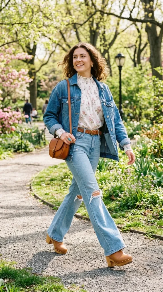 Woman in floral smock top with flared jeans and denim jacket, walking in 70s-inspired spring look