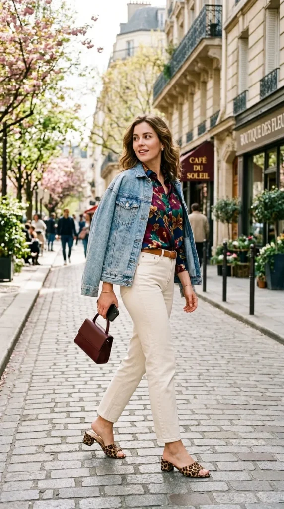 Woman in jewel-tone floral blouse with cream jeans and oversized denim jacket, over-shoulder view