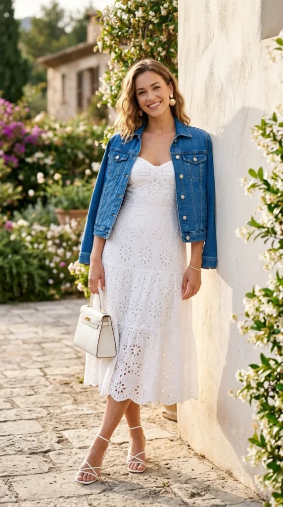 Woman in white eyelet floral sundress with classic indigo denim jacket, leaning in spring sunshine