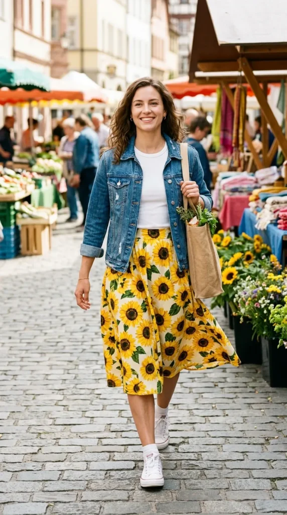 Woman in yellow sunflower midi skirt with white tee and denim jacket, walking pose spring