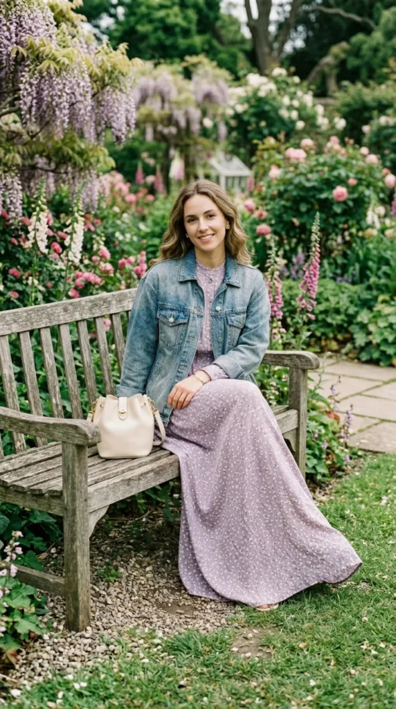 Woman in lavender floral gauze mini dress with vintage denim jacket, sitting in spring garden