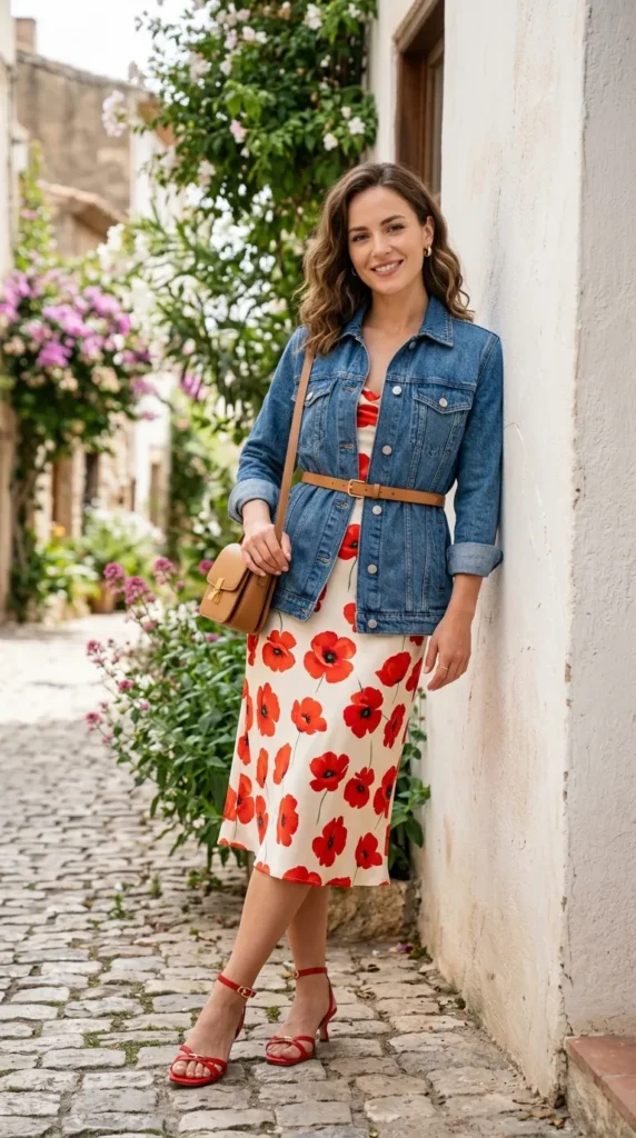 Woman in red poppy satin slip dress with belted denim jacket leaning against wall