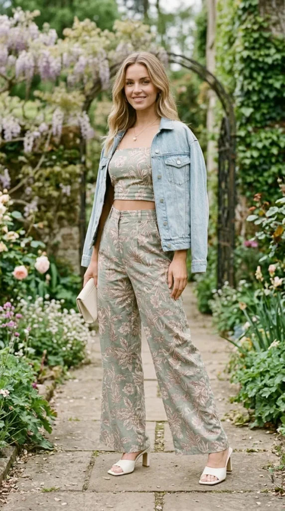 Woman in pastel botanical co-ord set with denim jacket draped over shoulders, 3/4 spring pose