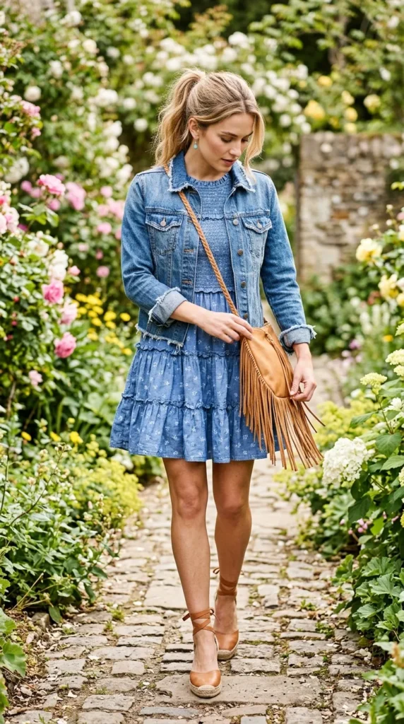 Woman in blue cornflower smock dress with raw-hem denim jacket, candid spring look