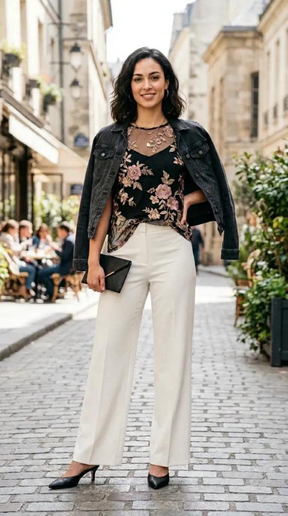 Woman in black floral mesh top with ivory wide-leg trousers and charcoal denim, confident spring look